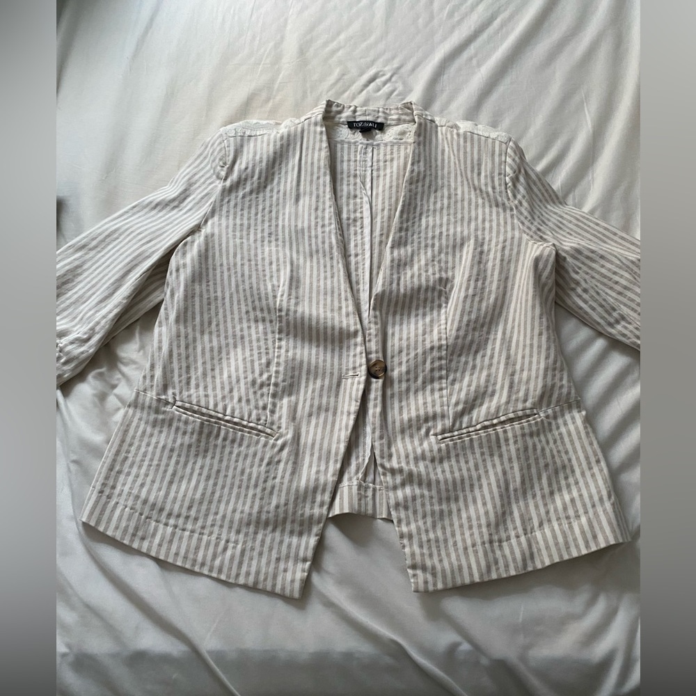 Pinstripe blazer, lace detail on back